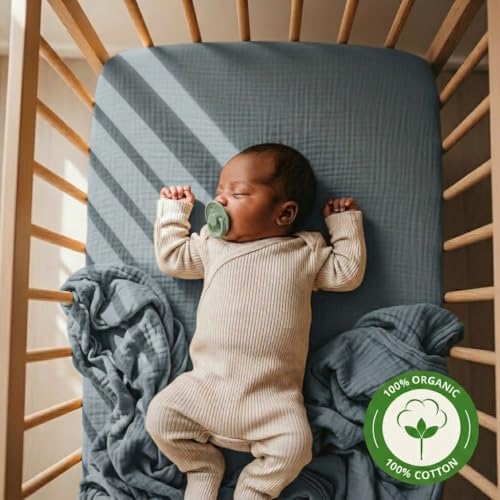 Image of Crib Sheets - Organic Cotton Muslin Fitted Crib Sheet - Standard Size for Baby Boy and Baby Girl 28 inch x 52 inch Ultra-Soft and Breathable. (Tradewinds)