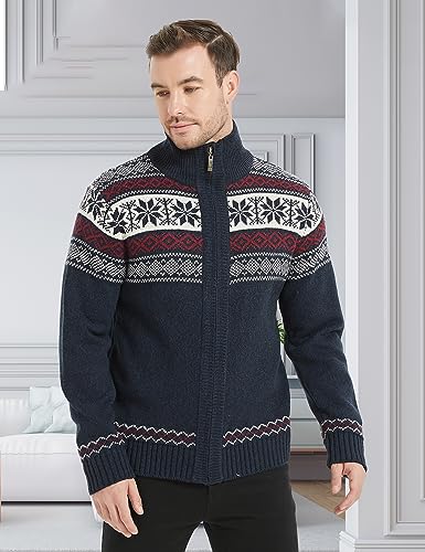 Kedera Men's Cardigan Sweaters Stand Collar Cable Thick Knitted Full Zip Sweater with Pattern4