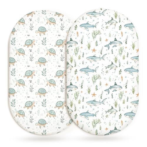 Image of Bassinet Sheets for Baby Girls Boys 2 Pack, Fitted Baby Mattress Sheet for Rectangle, Oval, Hourglass Bassinet Mattress, Breathable Cozy & Universal Fit (Turtle & Shark, Bassinet Sheet)