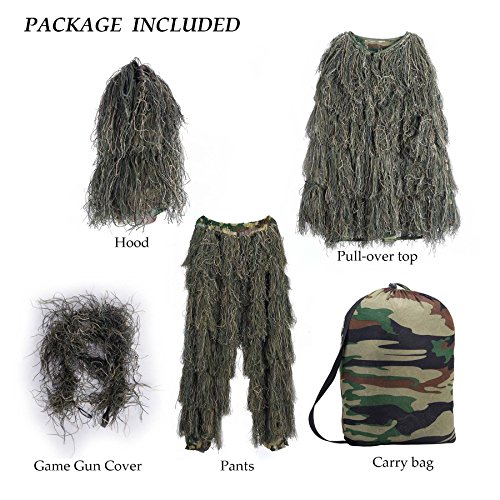 Pinty Ghillie Suit 3D 4-Piece with Bag Camouflage Camo Tactical Hunting Forest Woodland Dark Green ML