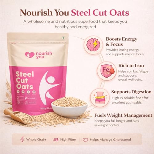 Image of Nourish You Premium Steel Cut Oats - 1Kg | 14.2g Protein per 100g | 10.2g dietary Fibre per 100g | Gluten Free Oats | High in Iron & Fibre | Healthy Protein Breakfast Cereal & Oatmeal | Diet food for Weight Management | Value pack |