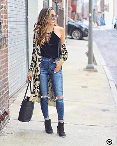 BTFBM Women Long Sleeve Open Front Leopard Knit Long Cardigan Casual Print Knitted Maxi Sweater Coat Outwear with Pockets (Khaki, Small)