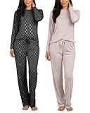 2 Pack: Women’s Long Sleeve Striped Pajama Sets Ladies Soft Winter Fall Sleepwear Pajamas Clothes Loungewear Long Sleeve Tops Pants Bottoms Fall Warm Silky Christmas Pj Sets for Women - Set 3 Medium