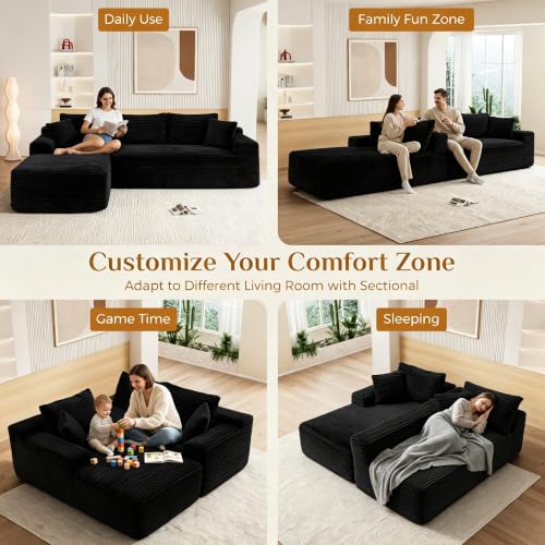 Image of 95 inch Boneless Cloud Sectional Couches for Living Room, Comfy Fluffy L Shaped Memory Foam Deep Seat Boneless Couch, Modular Sectional Sofa with Left Facing Chaise, Dark Black