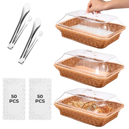 Rattan Bread Baskets, 3 Pack, Rectangular Woven Baskets With Acrylic Lids, 13.8 X 9.8 Inches, Stainless Steel Tongs, Lace Doilies, For Bread, Fruit, Food Display