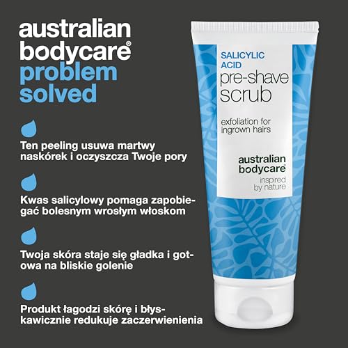 Peeling Pre-Shave z Kwasem Salicylowym przeciw Wrastającym Włosom, Podrażnieniom & Pryszczom po Goleniu – Podwójny Peeling AHA/BHA & Fizyczny z Kwasem Salicylowym, Glikolowym & Pestkami Moreli 100 ml