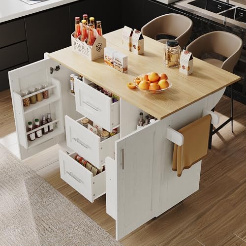 Becag Carrito de Cocina con Ruedas, Carrito de Cocina de Isla con cajones y 2 Puertas de Armario, Carrito de Servicio con toallero y especiero, Armario Buffet,135x46x90.8 cm, Blanco