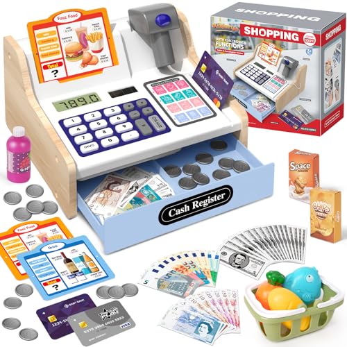 2026 Caja Registradora Juguetes de Madera con Calculadora de Escáner para Niños Niñas 3+ Años, Juguetes de Tienda Juegos Simulación Regalos Educativos para Niños Pequeños 3 4 5 6 7 Años, Blanco&Azul