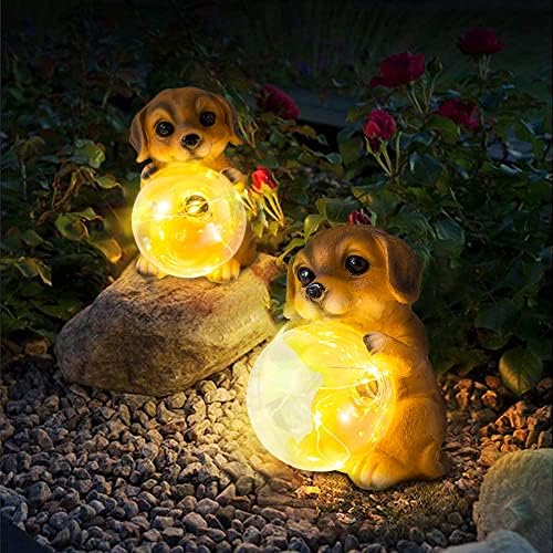 claities Garden Statues, Dog Solar Statue Garden Decor for Outside Lawn Ornaments with LED Lights, Cute Dog Figurines Outdoor Clearance Decorations for Patio Yard Gardening Gifts（1PCS）