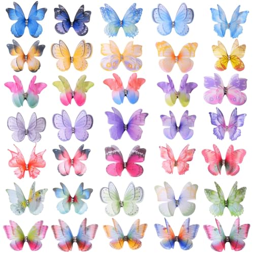 EnixwH 70 Piezas Mariposas Translúcidas Adornos Cumpleaños, Gasa y Tela de Organza, Mariposas Decorativas Pegatinas Pared Decorativas, Accesorios de Bricolaje para Bodas Ventana Equipaje (Style B)