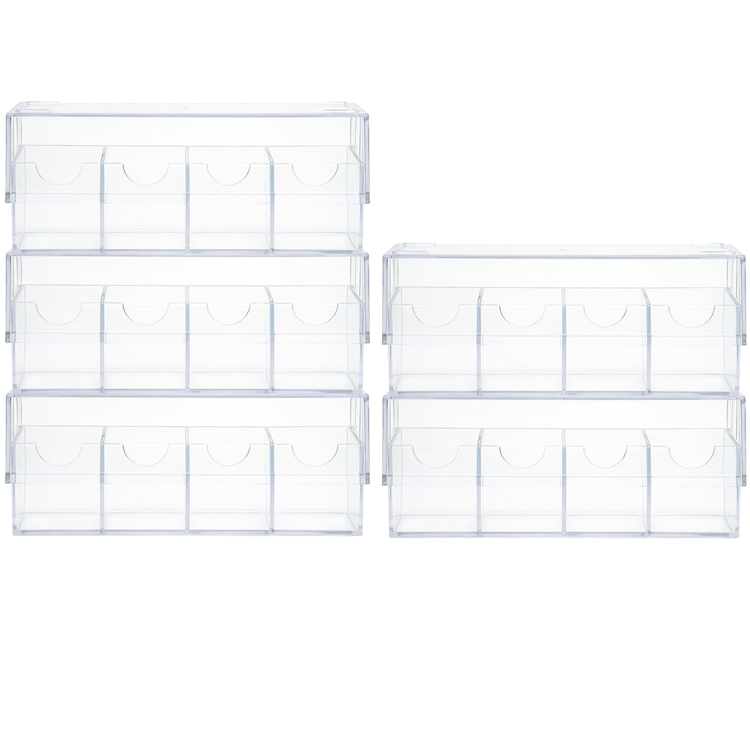 5 Stück leere Aufbewahrungsboxen für Geprägte Garderobenmarken, transparent Kunststoff, Rechteckig, 170 x 68 x 63 mm, 4 Fächer, Stapelbar
