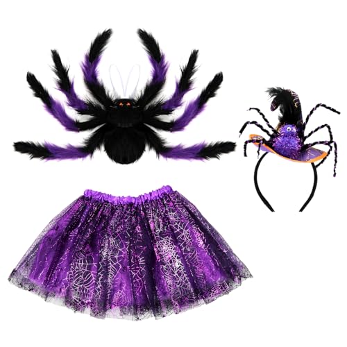 HUKUMA Deguisement Halloween,Déguisement Halloween Fille,Costume Araignée Enfant,avec Araignée Jupe Tutu, Bandeau Chapeau de Sorcière Peluche, Costume Halloween Carnaval Fille