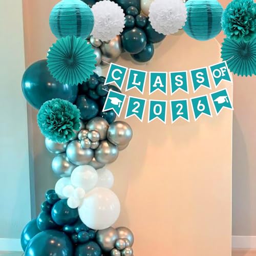 Image of Teal Graduation Party Decoration Class Banner Hanging Pom Poms Flowers High School College Grad Supplies