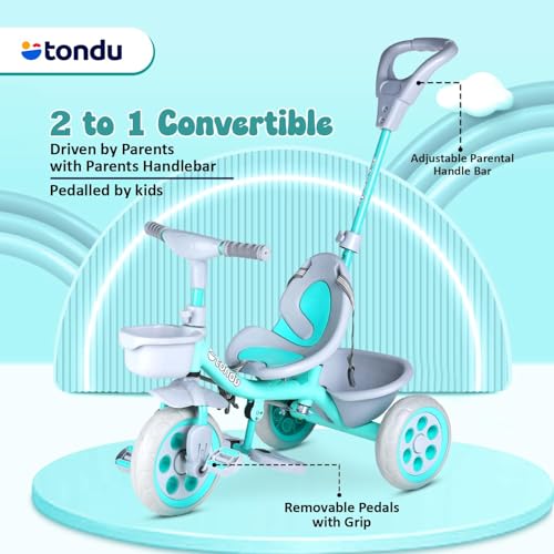 Image of TONDU Kiddo Tricycle for Kids /Baby with Storage Basket | Seat Belt with Parental Control Baby Tricycle (Sea Green)