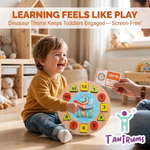 Image of Dinosour Learning Clock with Time Flash Cards | Child Safe Paint and Imported Wood