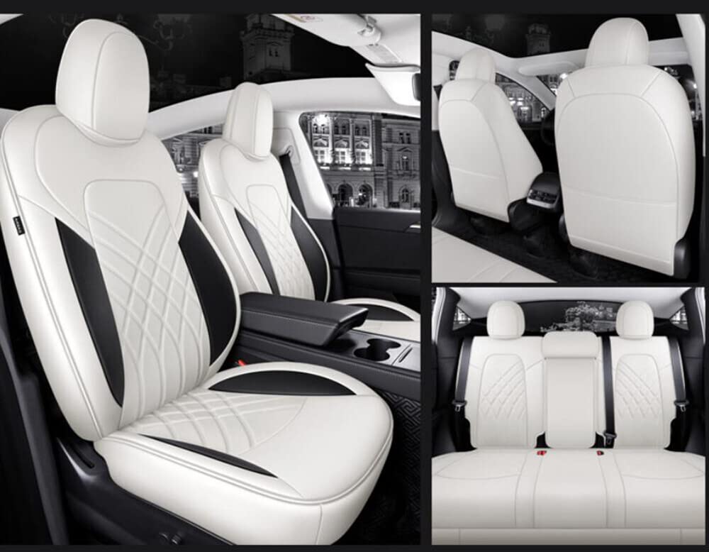 Photo 1 of SanQing Car Seat Covers for Tesla Model Y Full Set PU Leather Car Seat Cover Cushion Fit for Model Y 2017-2021 Customized Full Set (White, Model Y) Model Y White