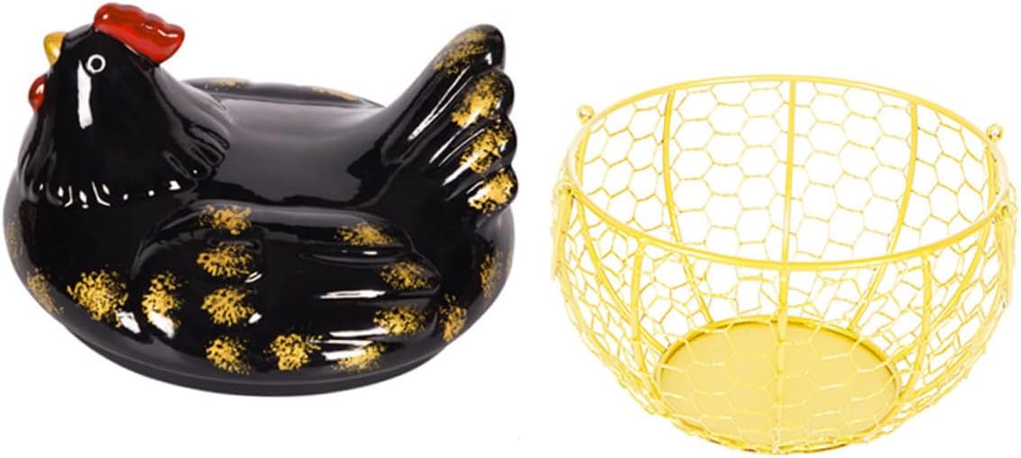 TIDTALEO Iron Art Chicken-shaped Egg Basket with Lid, Black and Gold Kitchen Storage Container, Food and Egg Holder for Rustic Farmhouse Countertop