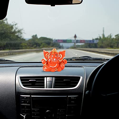 Craftam Polyresin Orange Ganesha Statue for Car Dashboard God Ganesh Murti Ganpati Idol Figurine with Double Side Tape