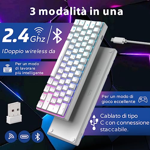 RK61 Tastiera Gaming Meccanica, 60% Tastiera Wireless 2.4Ghz/Bluetooth/USB-C RGB Backlit Interruttore Rosso Hot Swap Double-Shot ABS Keycaps Compatibile con Win/Mac, Bianco (QWERTY Layout Italiano) - Tastiera gaming - Immagine 1