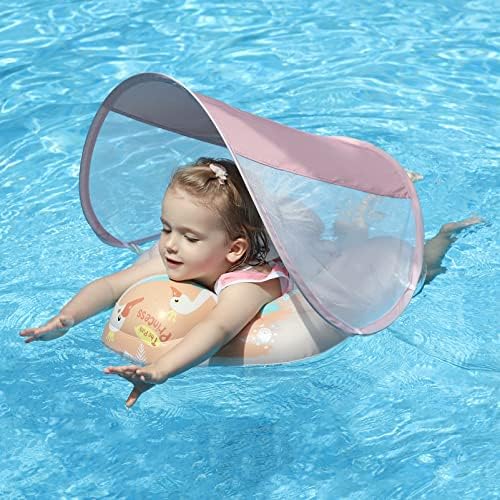 Free Swimming Baby Infant Pool Float with Sun Canopy Size Improved Inflatable Swan Baby Floatie with Sponge Safety Bottom Support Water Toys Swim Trainer for Age of 3-72 Months (Pink, Small)