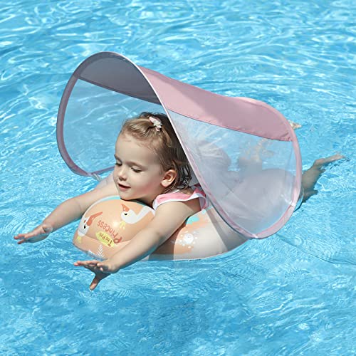 Image of Free Swimming Baby Inflatable Baby Swim Float with Sun Canopy Size Improved Infant Pool Floaties Swimming Pool Toys for The Age of 3-36 Months (Pink, Small)