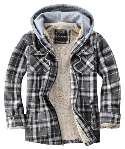 Puwasa Herren Fleecejacke mit Kapuze Grau Kariert