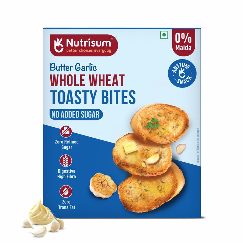 Image of Nutrisum Whole Wheat butter Garlic Rusk /Toast | Toasty Bites | No Maida , Sugar-Free| Made with Real Butter & Olive Oil | Anytime Healthy Rusks for Dips & Toppings Snacks | Digestive Garlic Toast (150gms x Pack of 4)