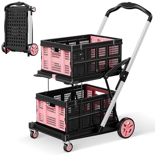 8-in-1 200LBS Collapsible Shopping Cart, Multi Functional Utility Cart with 2 Storage Crate,Adjustable Handle Grocery Cart on Wheels for Shopping, Warehouse, Office, Supermarket, Pink