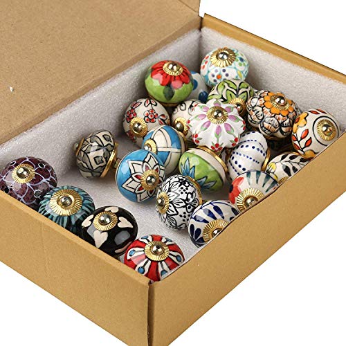 Image of ROCOCO Vintage Pottery Ceramic Door Knobs and Drawer Handle /Pulls - (Black and White, Assorted Blue, D-1.7 x H-2.5 Inches) - Pack of 25.