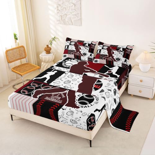 Image of Castle Fairy Patchwork Baseball Fitted Sheet King Size with 2 Pillowcases,Sports Geometric Grid Red Bed Sheet Set,Baseball Player Top Flat Sheet Luxury Microfiber Breathable