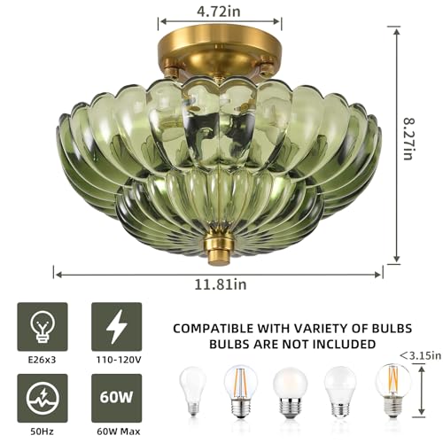 Image of Semi Flush Mount Ceiling Light, Gold Vintage Hallway Light Fixture with Green Glass 11.8 Inch, Close to Ceiling Light for Hallway Living Room Bedroom Kitchen Bathroom Foyer, E26 Base