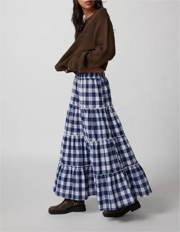 Women Plaid Tiered Maxi Skirt Y2k Elastic High Waist Long Skirt Print Flowy A Line Skirt Gingham Swing Midi Skirts4