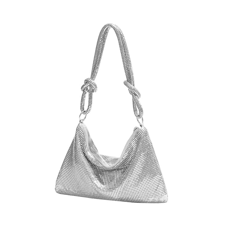 Image of Shimmering Metal Mesh Evening Bag Knotted Shoulder Strap Women Evening Shiny Hobo Metallic Purse (Style A Silver)