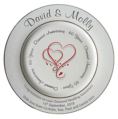 All About Names Personalised Bone China Plate - Diamond (60th) Wedding Anniversary - Hearts Design