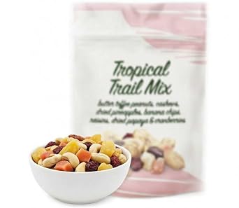 Tropical Trail Mix With Fruit and Nuts - Blend of Banana Chips, Peanuts Dried Raisins Cashews Cranberries Butter Toffee Peanuts Papaya Pineapple - Gluten Free Snack Treat, 7oz Nice Bag