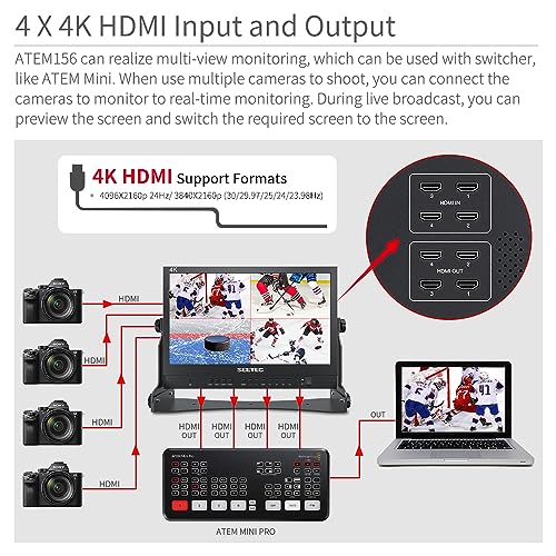 Image of ATEM156 15.6 Inch Live Streaming Broadcast Director Monitor with 4 HDMI Input Output Quad Split Display for ATEM Mini Pro Video Switcher Mixer Studio Television Production
