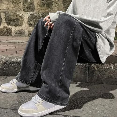 Hndudnff Men Elastic Waist Denim Jeans with Pockets Loose Pants Casual Street Straight Pants4