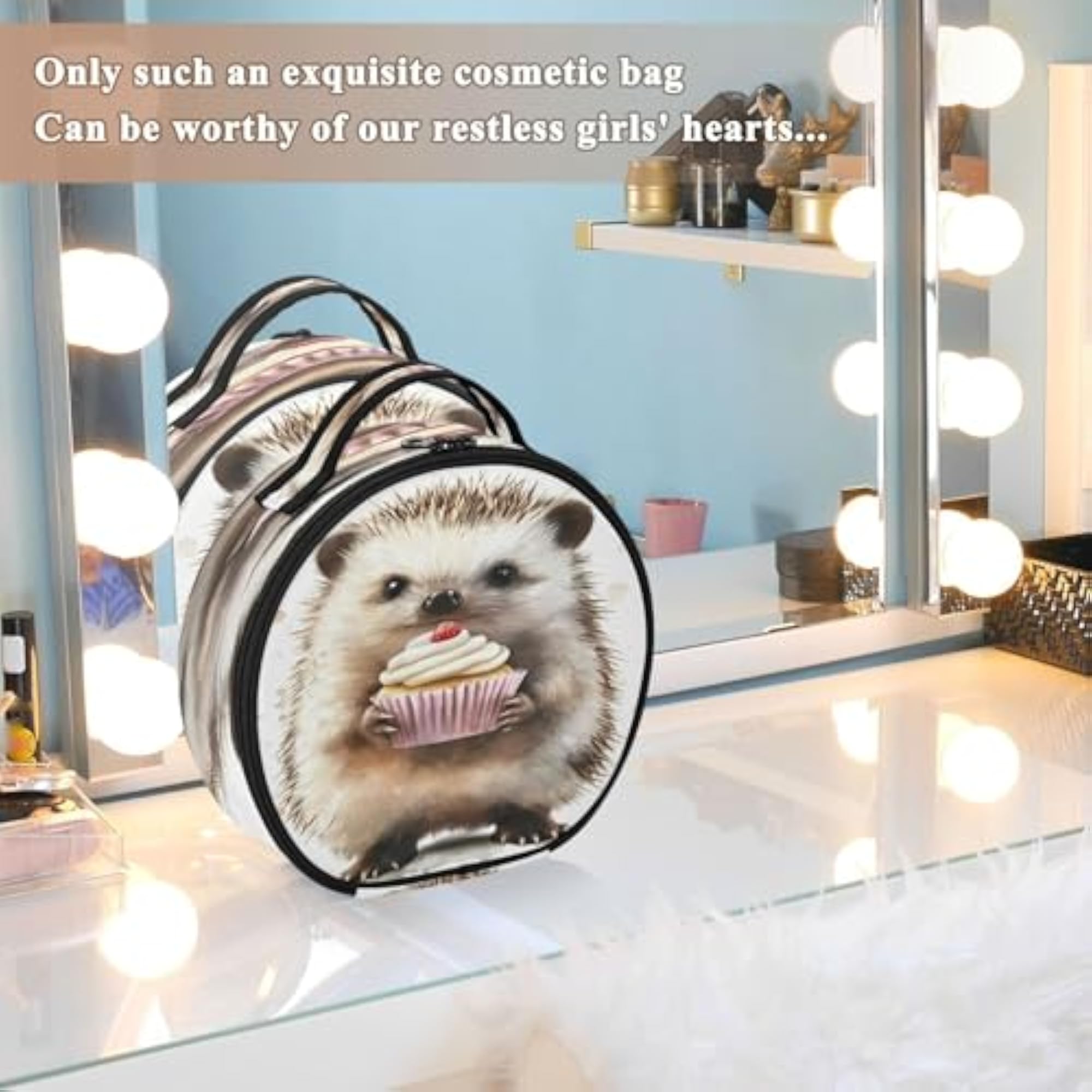 Cute Hedgehog Holding Cupcake Travel Makeup Case, Portable Organizer