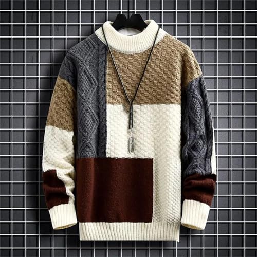 Men's Patchwork Knit Sweater Winter Warm O-Neck Pullover Streetwear Casual Top2