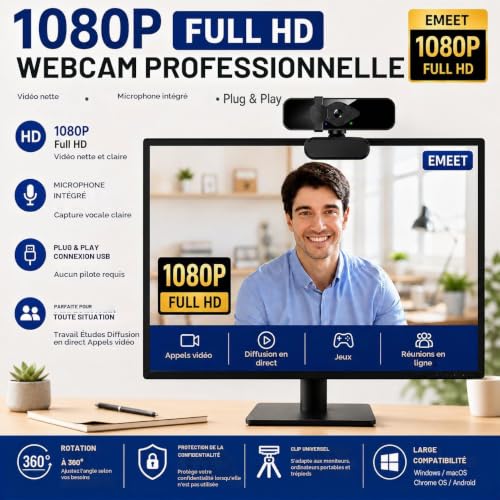 Webcam USB HD 2K/30fps avec Microphone, caméra d'ordinateur à Angle de Vision de 120°, Webcam PC adaptée au Streaming en Direct,aux appels vidéo, aux réunions Couvercle de confidentialité Coulissant – vue 2