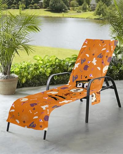 Halloween Beach Chair Towel Covers for Chaise Lounge with Side Pocket, Soft Plush Pool Towels Cover for Patio Sunbathing Outdoor 29''x85'' Cartoon Spooky Pumpkin Horror Ghost Skull