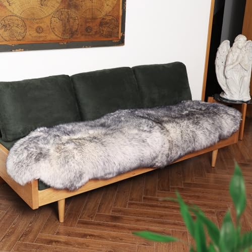 Premium Genuine Fur Sheepskin Rug Real Australia Sheepskin Natural Luxury Fluffy Lambskin Fur Area Rug Seat Covers for Kids Bedroom Sofa Chair Cover (Gray Tip, Double Pelt/2ft x 5.2ft)