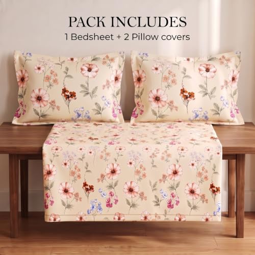 Image of BSB HOME 240 TC Cotton Double Bedsheet with 2 Pillow Covers, Soft & Breathable Floral Print Bed Sheet, Fade Resistant, Easy Care Bedding Set, 90 x 100 Inches (228 x 254 cm) - Blush & Periwinkle Floral