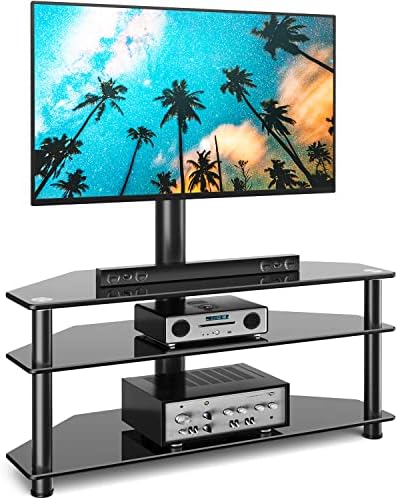 Rfiver Swivel Glass TV Stand with Mount for 32-70 Inch Flat or Curved Screen TV up to 110 lbs, Height Adjustable Corner Floor Entertainment Center with TV Mount and 3-Tier Storage for AV Media