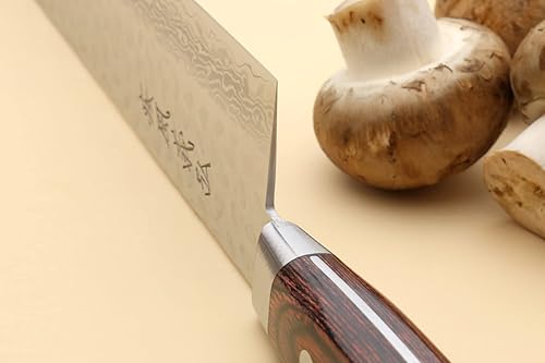 Vista 6 de Yoshihiro VG-10 Cuchillo de chef japonés multiusos de punta de espada de Damasco martillado Kiritsuke de 8.25 pulgadas, mango de caoba