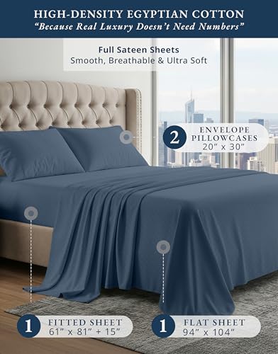 Image of LANE LINEN Full XL Sheets Set 100% Egyptian Cotton Sateen - Estate Blue | Cotton Bed Sheets Full - 4-Piece Set, For A Luxurious Night's Sleep, For Guests And Everyday Use, Luxe Sheen, Plush