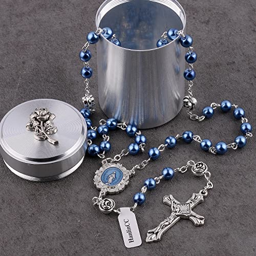 HanlinCC 6mm Glass Pearl Beads with Rose Flower Our Father Beads Miraculous Catholic Rosary Necklace with Rose Metal Catholic Gift Box for Men and Women3