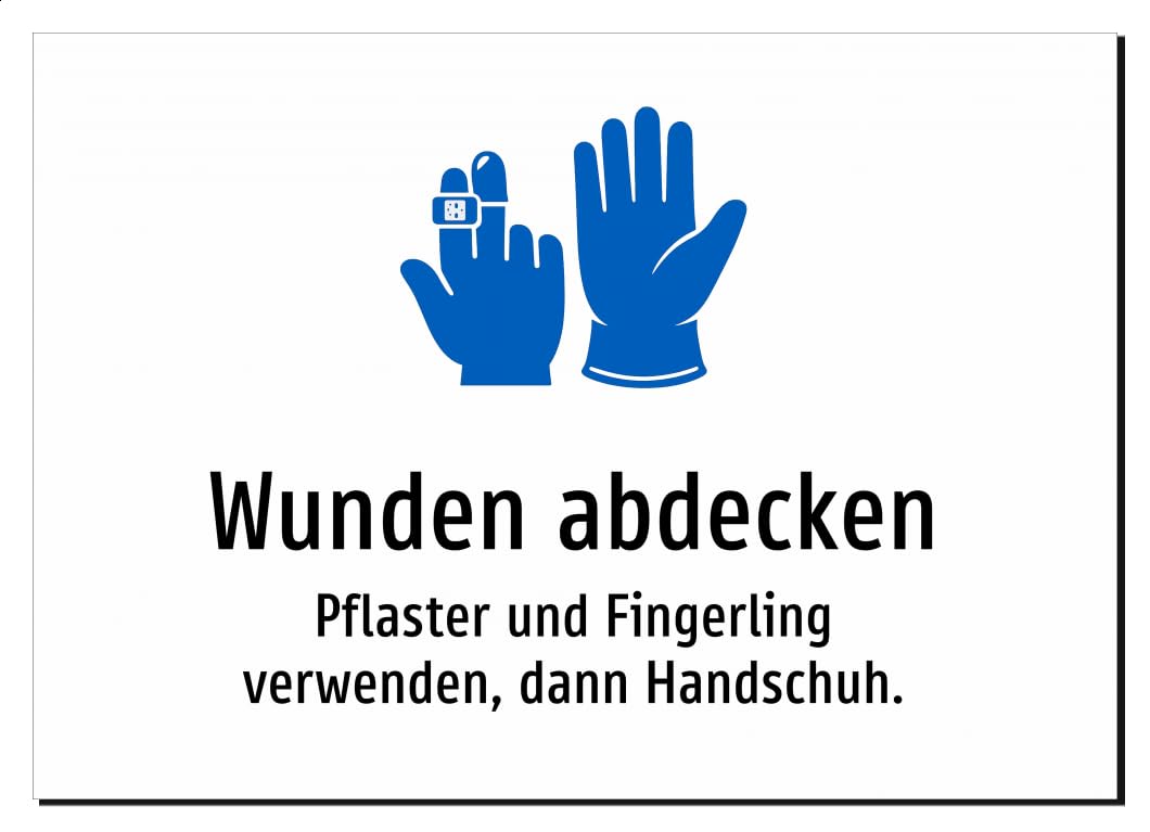 Wunden abdecken - Pflaster und Fingerling verwenden, dann Handschuh. – Aufkleber A2: 594x420mm – Mit Grafik und Text