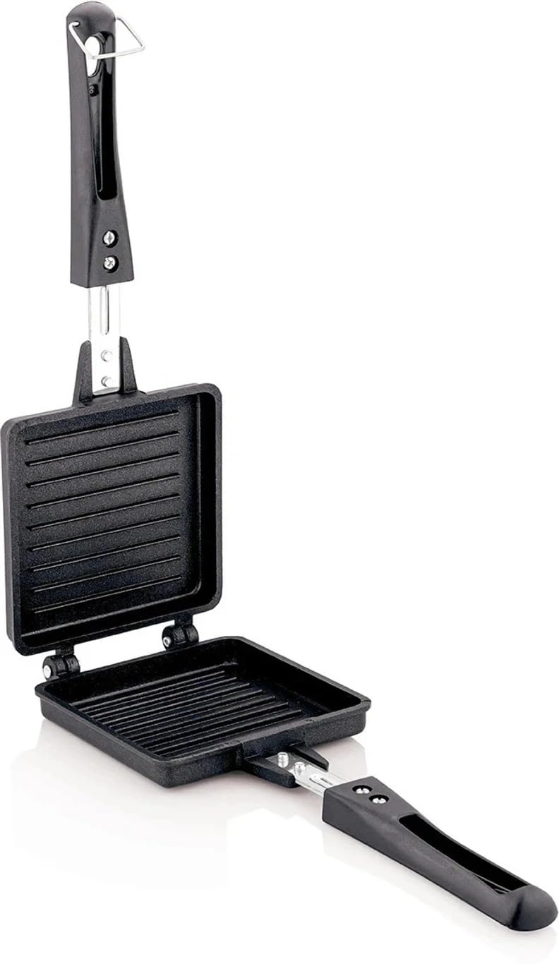 Double-Sided Grill Pan, Non-Stick Sandwich Toaster with Foldable Handle, Black, Stovetop Use-image-46