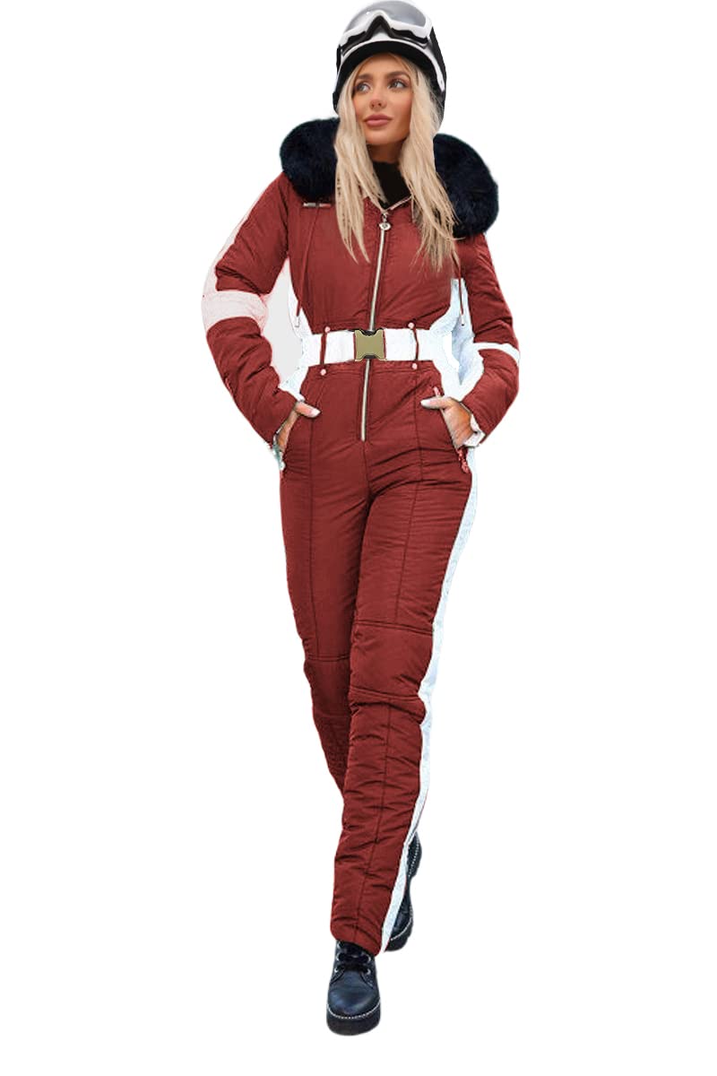 Zwurew Womens Winter Onesies Ski Suit Outdoor Sports Waterproof Snowsuit Fur Collar Ski Jumpsuit Coat